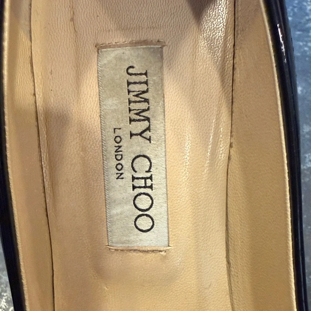 Jimmy Choo Navy Patent Pointed Toe Pumps with Signature Hardware